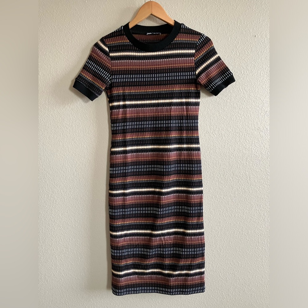 Zara Black / Brown Striped Midi Dress